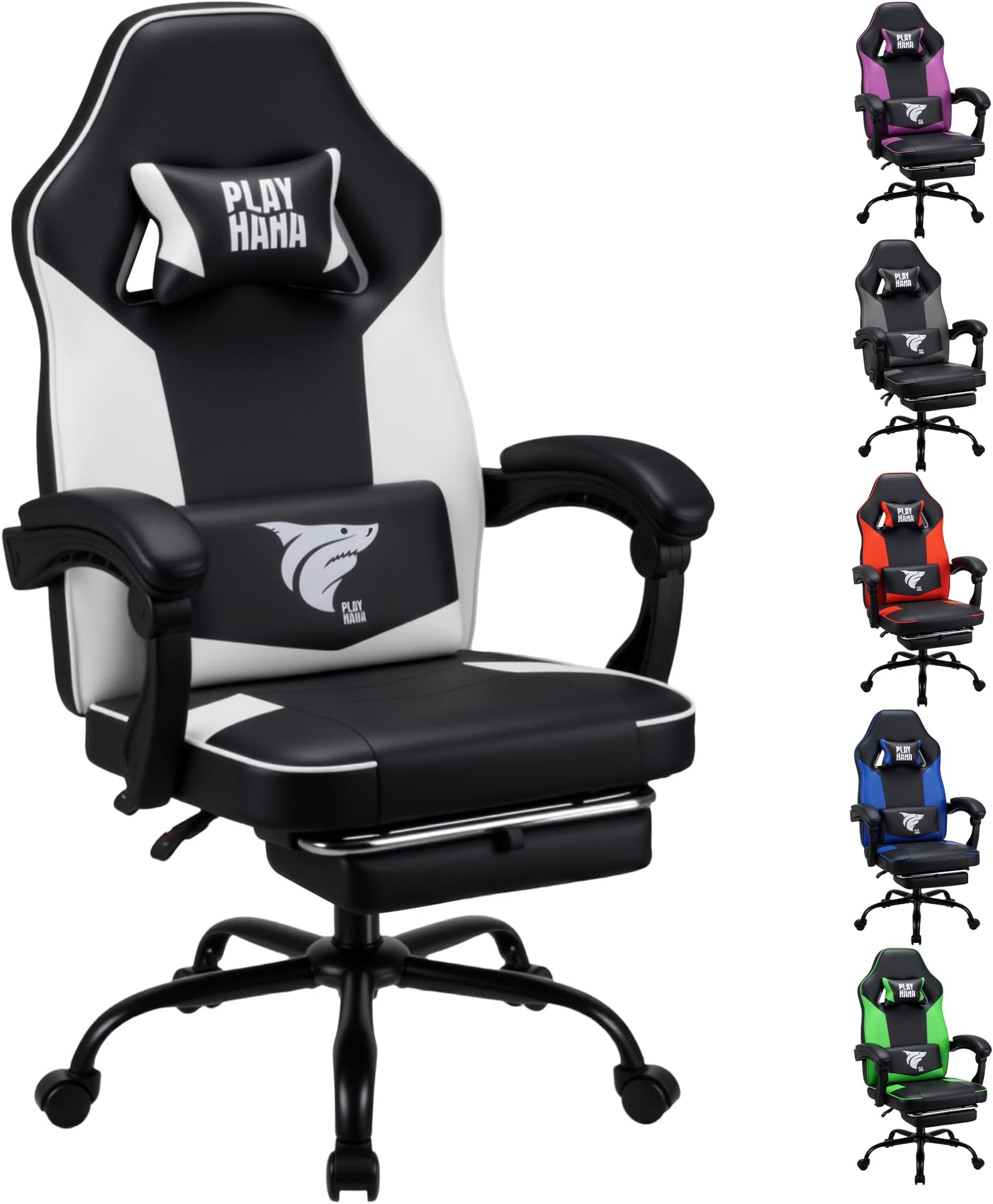 Play haha.Ergonomic Gaming Chair with Footrest, High Back Office Chair with Lumbar Support and Headrest, Faux leather Reclining Swivel Chair for Home and Office (White,With footrest)