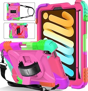 BMOUO iPad Mini 6 Case (2021), iPad Mini 6th Generation Case, Rugged Shockproof [360° Rotating Stand] [Hand Strap] [2nd Gen Pencil Holder] Kids Case for New iPad Mini 6th Gen 8.3 inch 2021- Rose