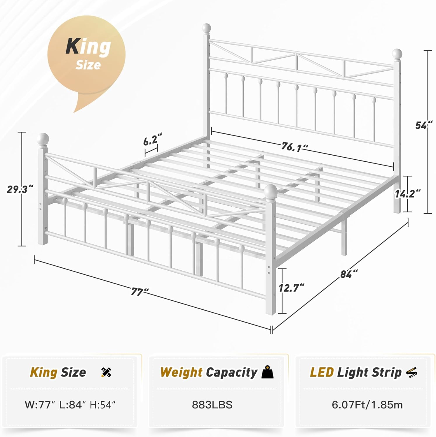 EnHomee 54" Metal King Bed Frame with Tall Headboard & Footboard, LED Light King Bed Frame, Strong Metal Slats Support and Noise-Free Design with Under Bed Storage/No Box Spring Needed/White