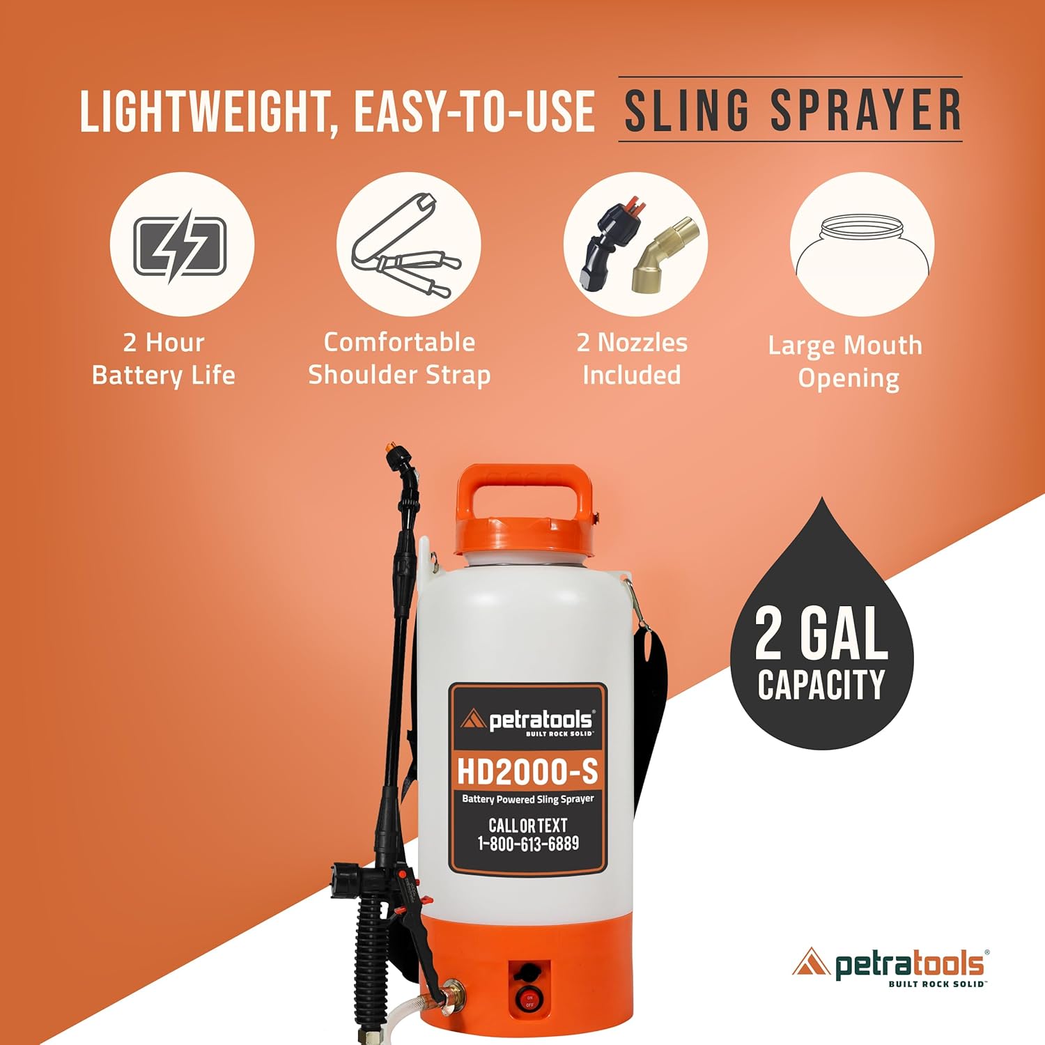 Diagram highlighting the 2-hour battery life, comfortable shoulder strap, two included nozzles, large mouth opening, and 2-gallon capacity of the PetraTools HD2000-S sprayer.