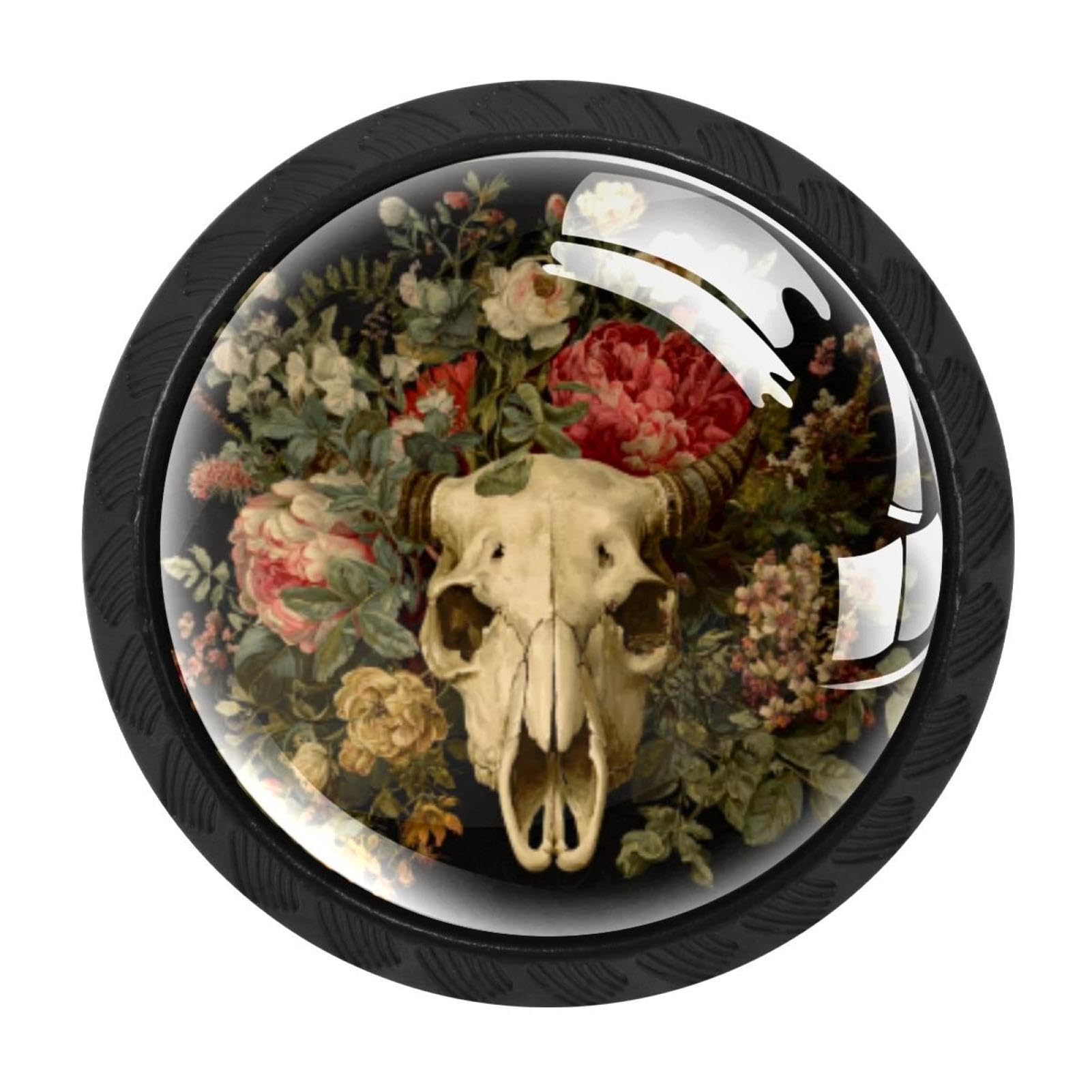 CHENZZZZ 4 Pieces Vintage Western Skull Floral Flower Bone (3) Cabinet Knobs Drawer Dresser Pulls Handles for Home Kitchen Office Bathroom Door Kids Room