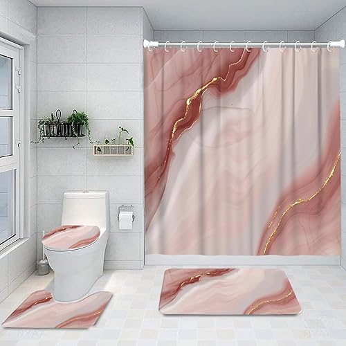 Ansouyi Juego de 4 cortinas de ducha de baño con alfombras antideslizantes, cubierta para tapa de inodoro y tapete de baño, diseño abstracto de