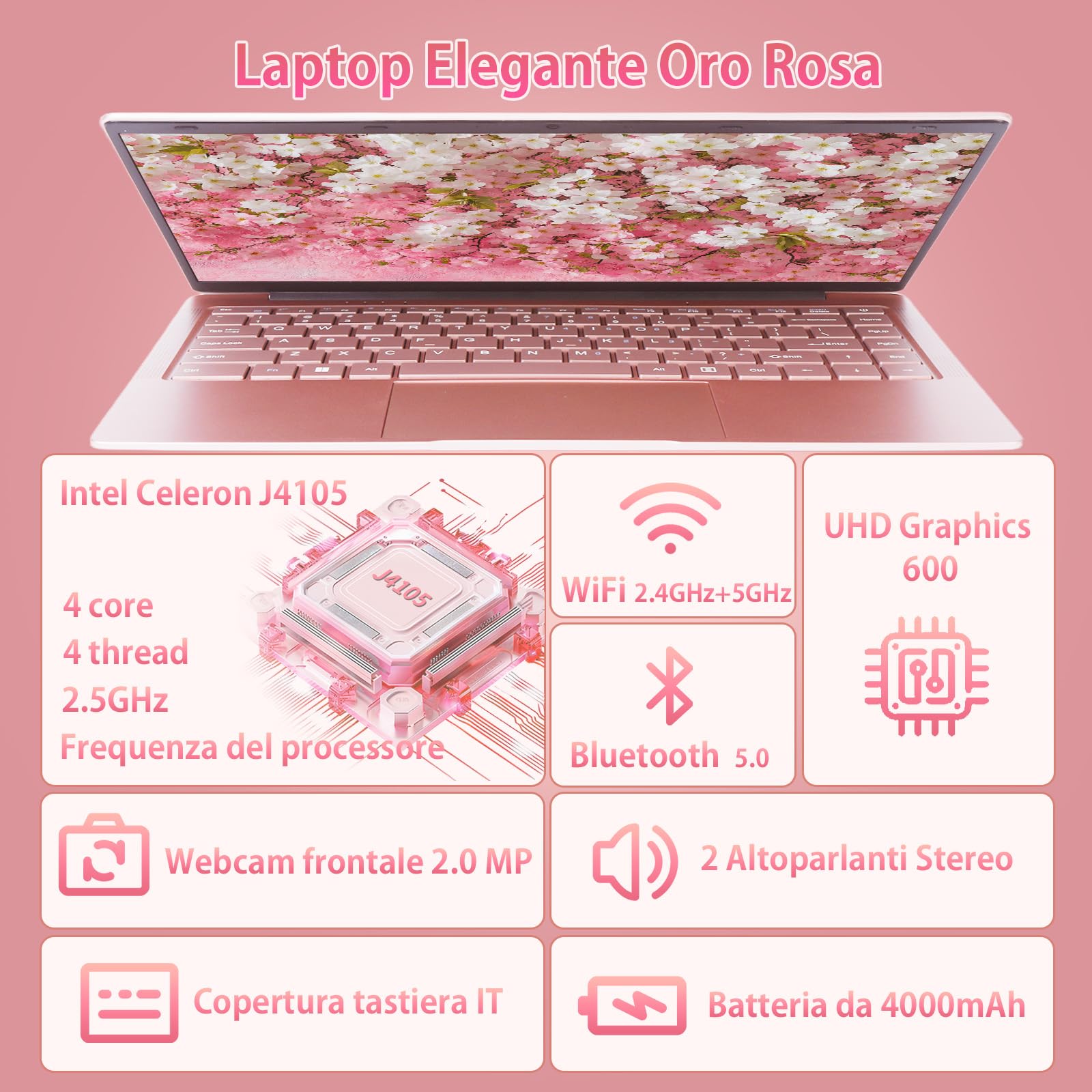 PC Portatile 14 Pollici, Notebook Full HD 1920x1080, Celeron J4105, Win11 pro, Computer Portatile Leggero e Sottile, Tastiera Italiana, Mini HDMI, Mouse Wireless (Oro rosa, 6GB+256GB SSD)