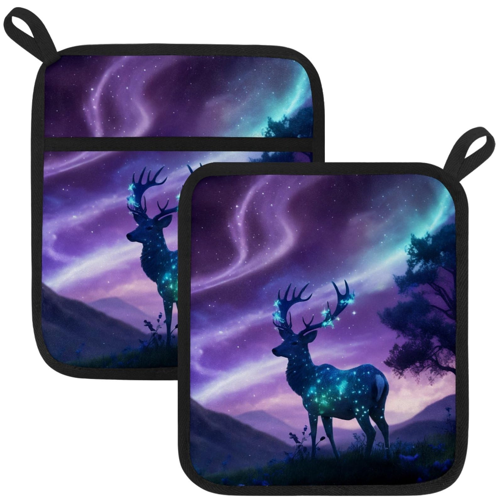 VAPOKF Deer Starry Sky Kitchen Hot Pot Holder, Pot Holders Heat Resistant Pot Holder with Pocket Heat Resistant Trivets for Hot Pans Cotton Pot Mitts for Kitchen Cooking Baking