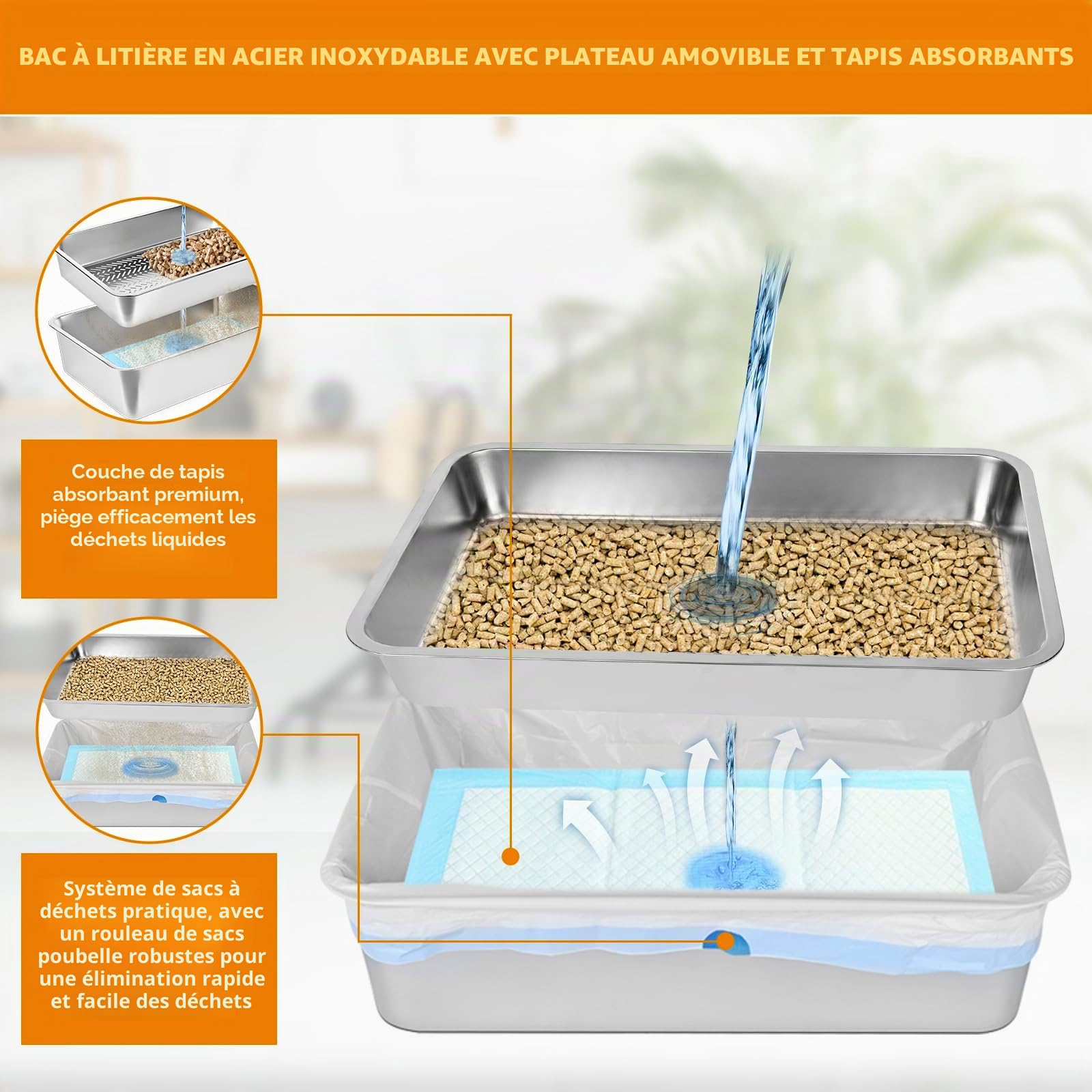 Homegroove Bac à litière en acier inoxydable pour granulés de pin, 23,6 x 15,7 x 14 pouces XXL bac à litière en métal avec couvercle pour chat intérieur tamis à granulés bac à litière avec pelle en