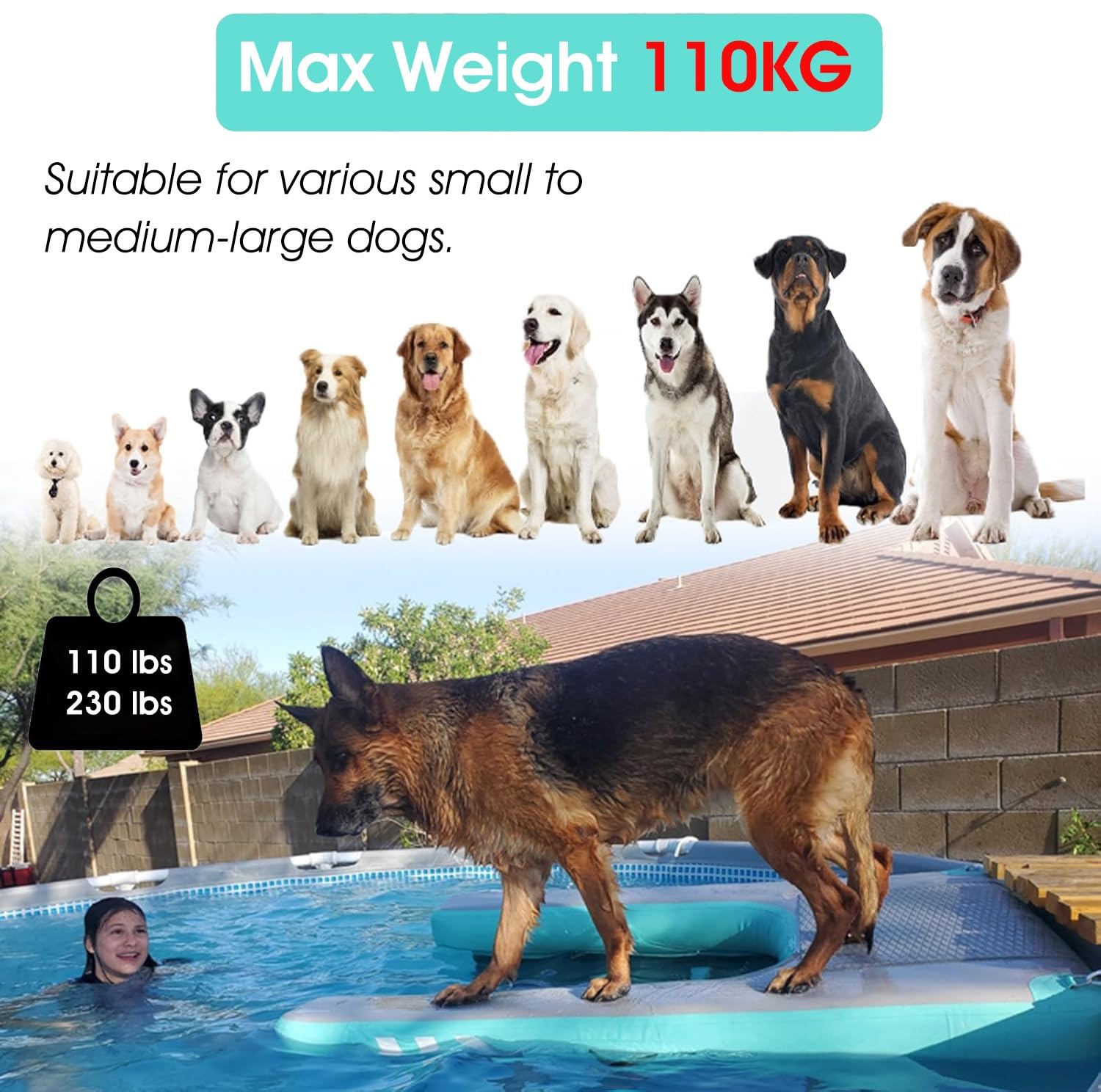 Rampa galleggiante per cani, piattaforma gonfiabile per animali domestici, con gradini antiscivolo, scala per acqua per piscina e barca