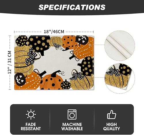 Miniatura 6 de Artoid Mode Jack-O-Lantern - Juego de 12 manteles individuales de Halloween de 12 x 18 pulgadas para decoración de fiestas, cocina, comedor