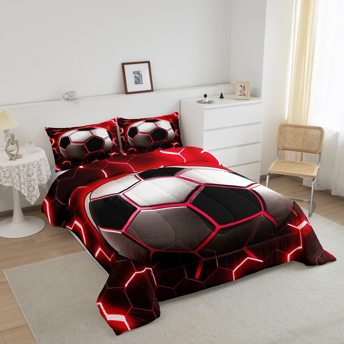 Erosebridal Football Comforter Sets for Boys Soccer Bedding Set,Red Neon Light Decor Duvet Insert Modern Style Glowing Honeycomb Quilt Comforter 3Pcs,Sports Themed Bedroom Decor Queen Preppy Things