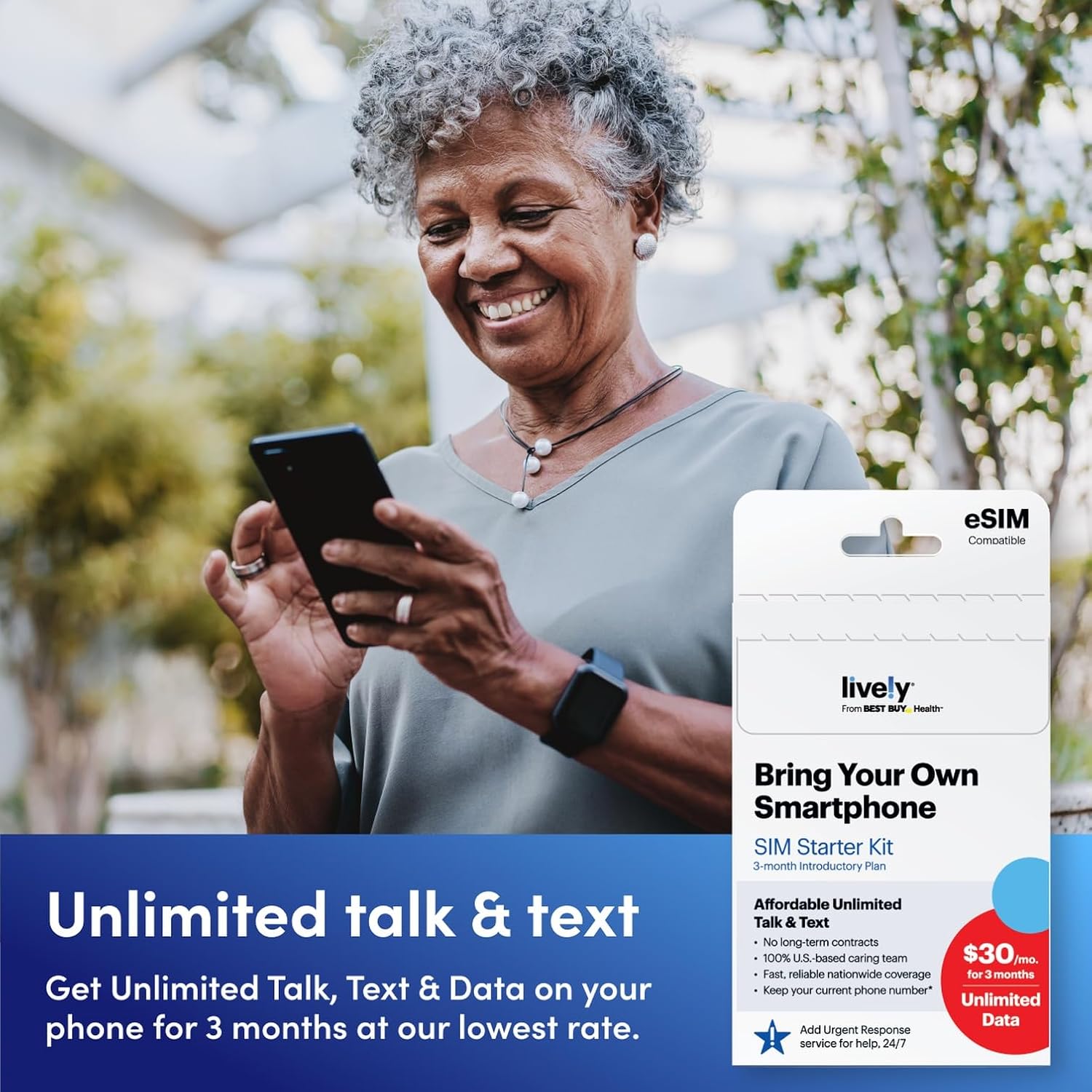Lively SIM/e-SIM Kit - Unlimited Talk, Text & Unlimited Data - Access to Urgent Response & Caregiver App - Keep Your Phone Number - Easy Activation - Bring Your Own Smartphone - No Lively Phone Needed