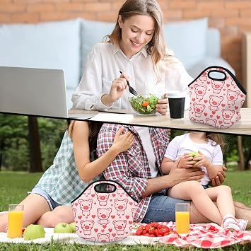 Piggy Pink Reusable Neoprene Lunch Tote Bag for Women & Men - Lightweight Washable Lunch Bags for Work, Travel, Beach, Picnic