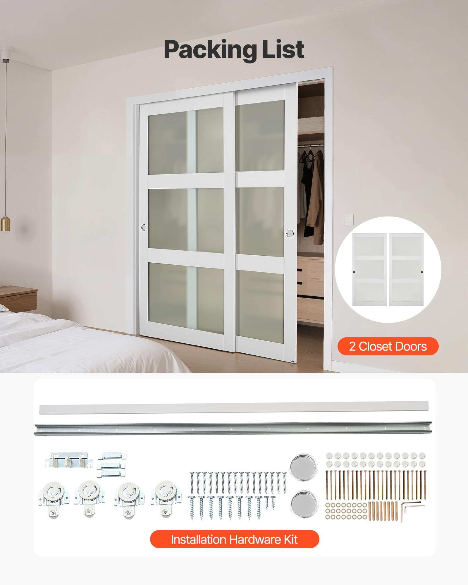 VEVOR Puerta Corrediza de Armario, para Huecos de 1829 x 2032 mm, Puerta Doble de 3 Paneles de Vidrio Esmerilado con Kit de Herrajes, Madera Maciza y MDF, Superficie de PVC Impermeable, Blanco