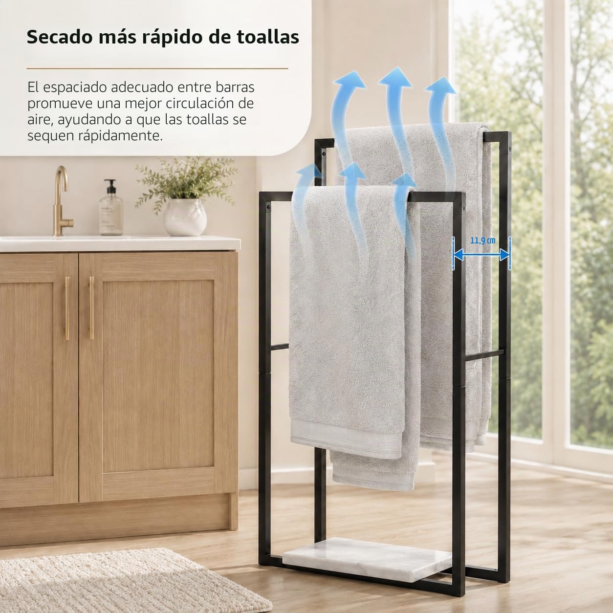 KES Toallero de Pie Toallero Negro con Base Mármol Toalleros de Baño 2 Niveles Barra Toallas Baño Barra, BTH501-BK