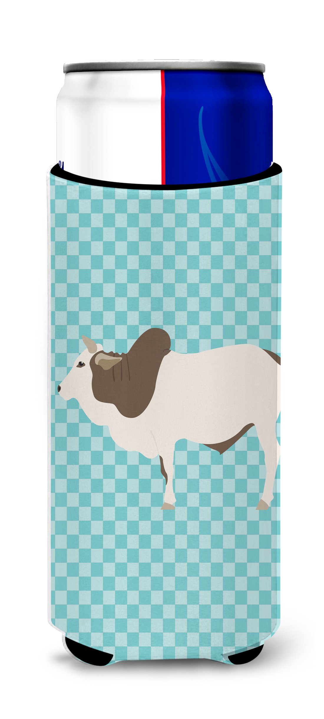 Caroline's Treasures BB8004MUK Malvi Cow Blue Check Decorative Can Hugger, Fabric, Multicolor