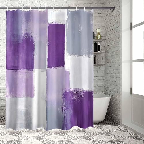 Miniatura 3 de Cortina de ducha de tela para baño, lavanda geométrica abstracta, juego de cortina de ducha personalizada con ganchos, cortinas de baño de lujo,