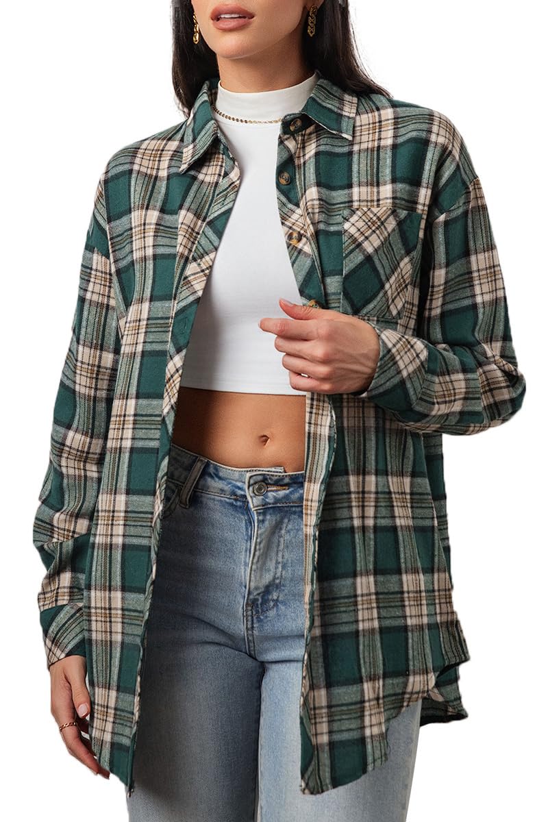 CHYRII Womens Button Down Flannel Shirts Long Sleeve Plaid Shackets Business Casual Blouse Top, 7157-green, L