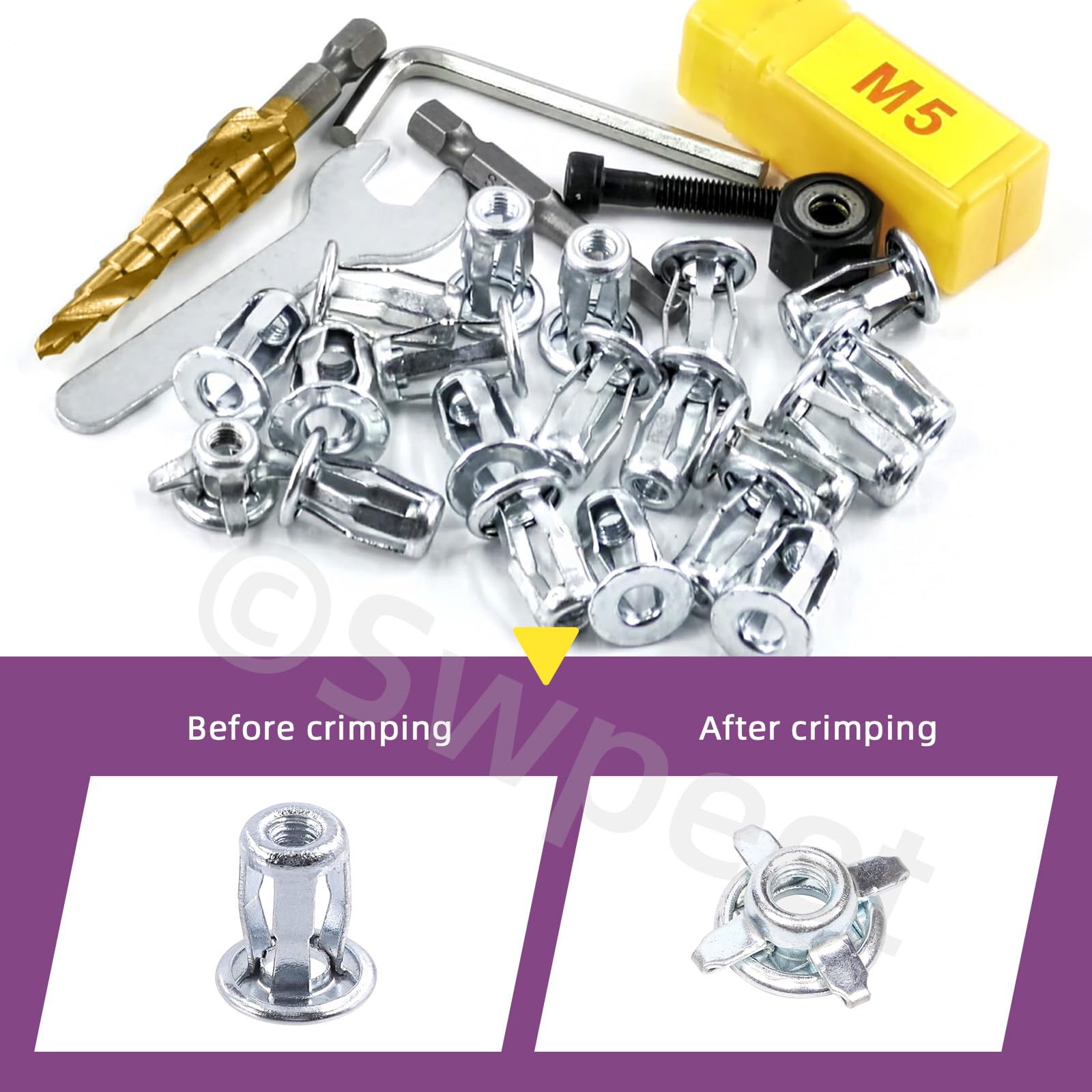 Swpeet 25 tuercas M5 Jack y tuercas de remache de mano M5, mandril con herramienta de instalación, kit surtido, tuercas de flores, tuercas de jacknut, tornillos Phillips Insert Bit hexagonal vástago