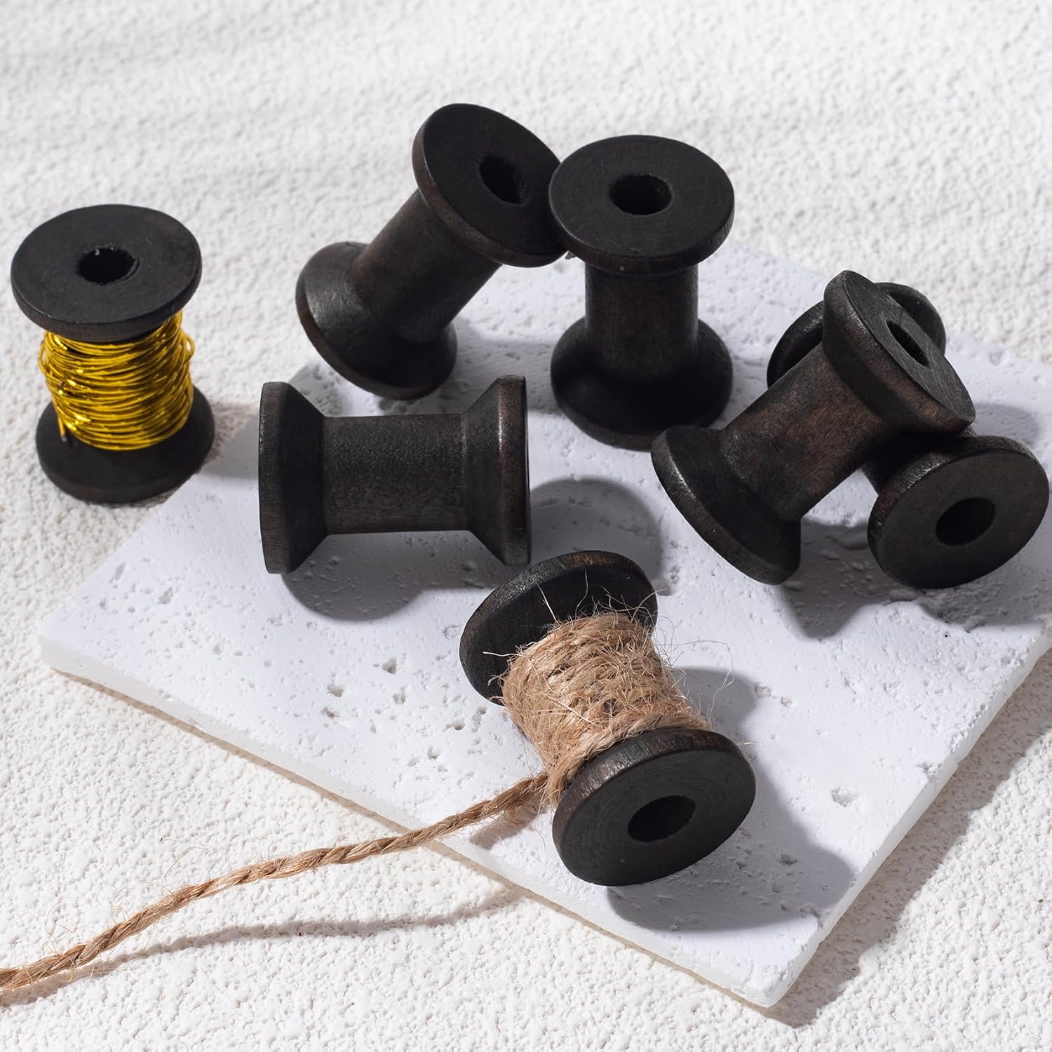 Pndeyo 10pcs Wooden Spools of Crafts, Empty Natural Wood Thread Spools, 1.18 Inches Unfinished Wooden Textile Bobbin for Organizing Cord Twine Ribbon Chains Elastic Threads- Black