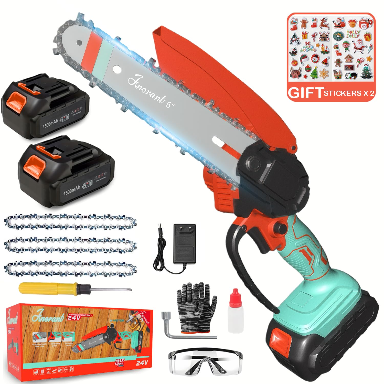 Mini Cordless Electric Chainsaw, 6-Inch High Carbon Steel Blade, Battery-Powered, 21V with Safety Lock, Wood Cutting, 45-Degree Angle, 3.5 lbs (Orange-Blue Dual-Power Upgrade)