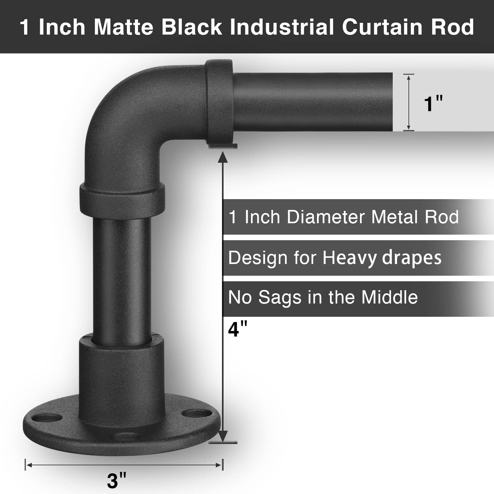 Industrielle Gardinenstangen – mattschwarze Rohr-Gardinenstange für Fenster 121,9 cm bis 254 cm – 2,5 cm robuste Verdunkelungsvorhangstange Set für Raumteiler – rustikale Gardinenstangen für den