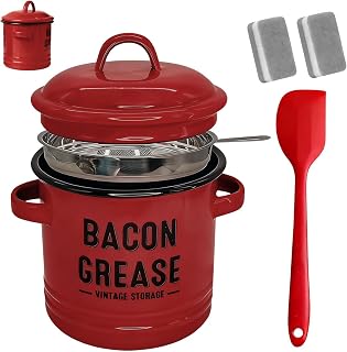 Grease Container - Enamel Oil Storage Jar With Fine Mesh Strainer, Bacon Fat Filter Pot, Reusable Kitchen Drippings Keeper | Cooking Oil Collection Can For Frying Baking Meal Prep Holiday Camping