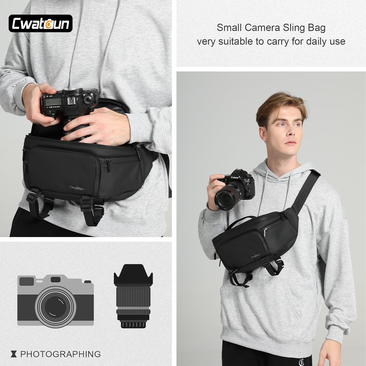 Cwatcun Waterresist Camera Waist Pack,Compact Crossbody Sling Bag for DSLR/SLR/Mirrorless Cameras - Image 6