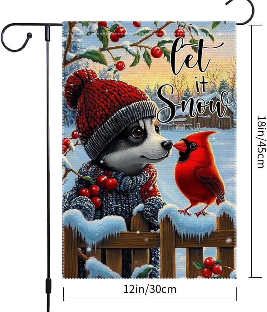 Let It Snow Garden Flag 12x18 Inch Winter Dog Cardinal Holiday Outdoor Yard Flag Double Sided Burlap Small Seasonal Welcome Sign for Porch Lawn Christmas Decor - Image 3