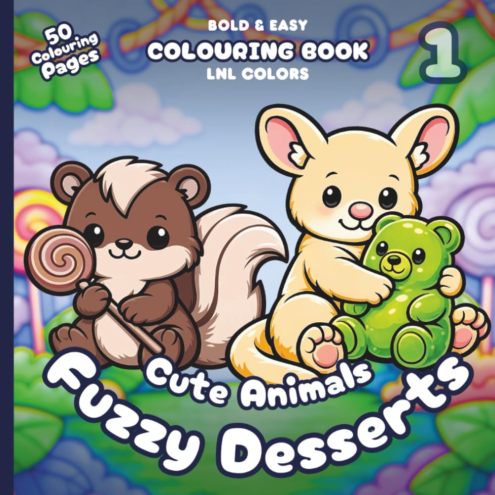 Cute Animals: Fuzzy Desserts 1 — Bold and Easy Colouring Book for All Ages: 50 Cosy Colouring Pages for Relaxation | Sweet Rides, Candy Clouds & Fuzzy Treats