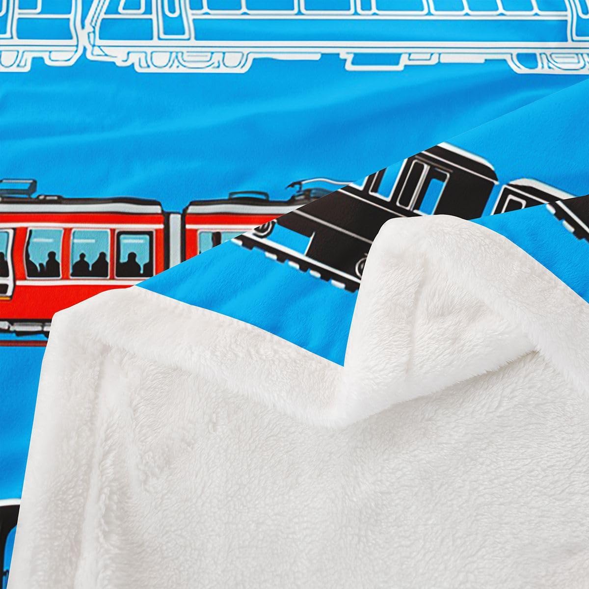Feelyou Train Kids Boys Sherpa Blanket Retro Steam Engine Toddler Fleece Throw Blanket for Teens Railway Track Transport Fuzzy Blanket for Sofa Bed Couch Red Blue Black Decor,Throw 50x60 Inches - Image 3
