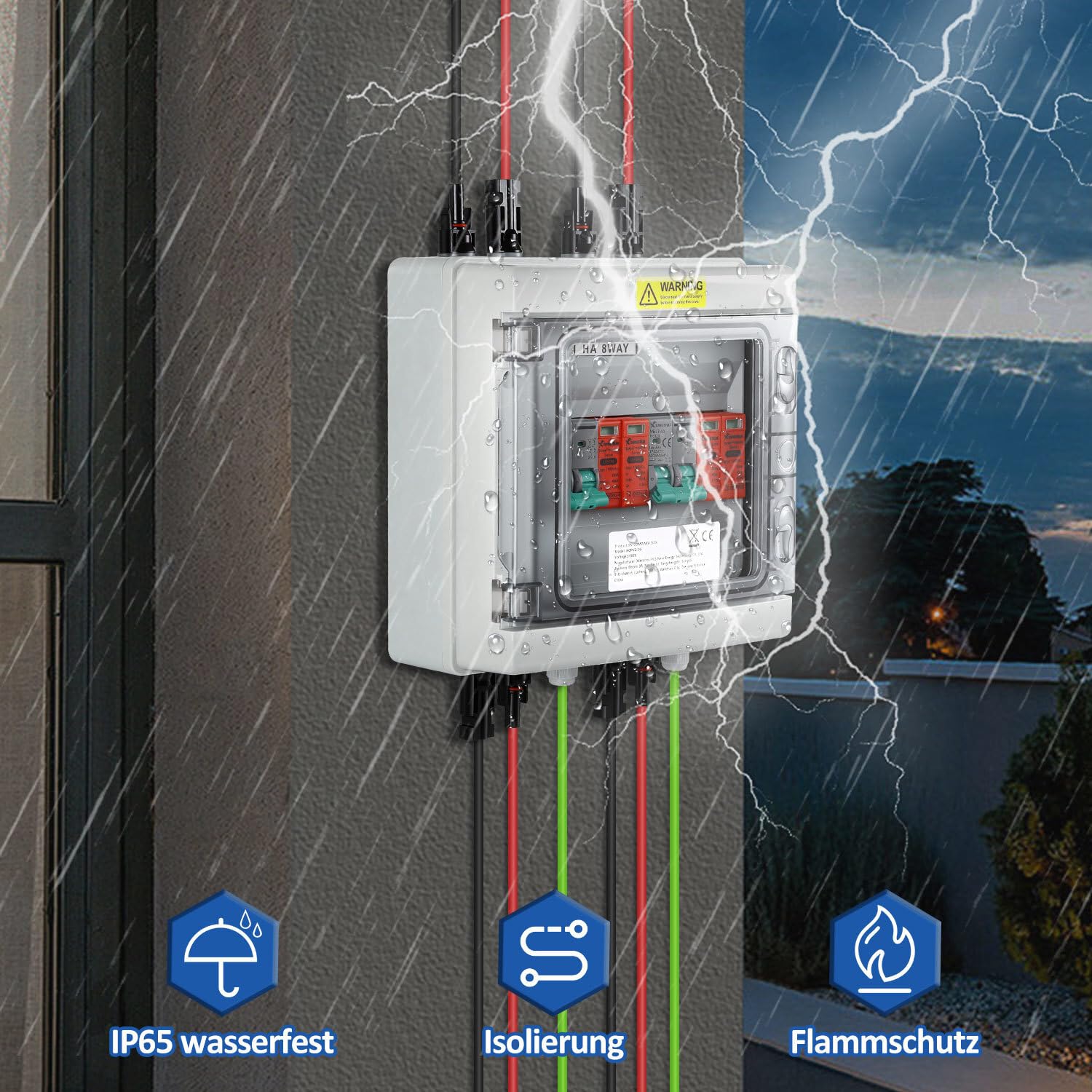 PV Combiner Box 2-String mit Überspannungsschutz und DC-Trennschalter, 1000V 32A, IP65 wetterfest, inkl. Solarstecker und Montagezubehör
