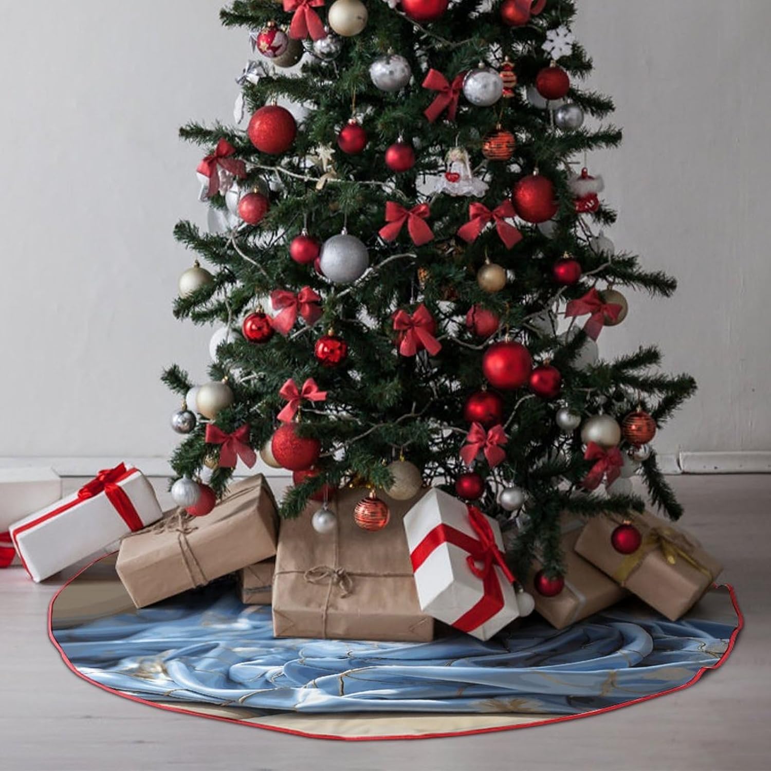 Christmas Tree Skirt,for Xmas Tree Holiday Party Decorations Dog Wrapped in Blanket Printed Christmas Tree Mat Red Lace-up Christmas Tree Dress
