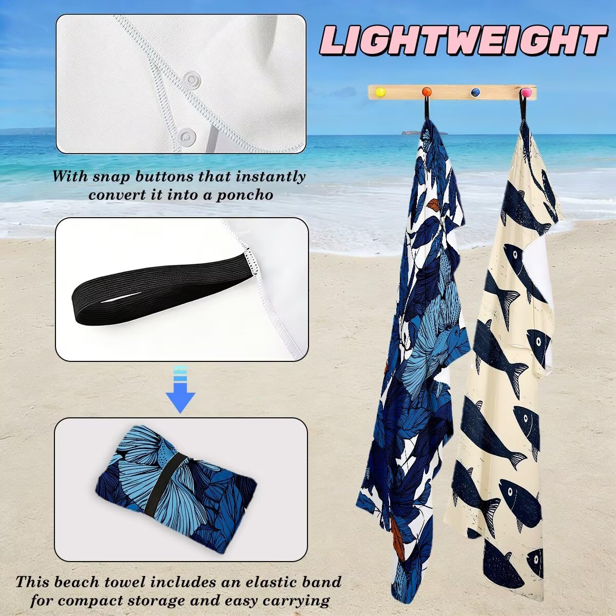 Toalla Playa 100x200 cm, Toalla Gimnasio Microfibra Secado Rapido, Juego de 2 Antiarena Toallas de Playa, Ligera Compacta Toallas Microfibra Grande para Viaje, Regalo Hombre Regalo Mujer (Pez) -4421