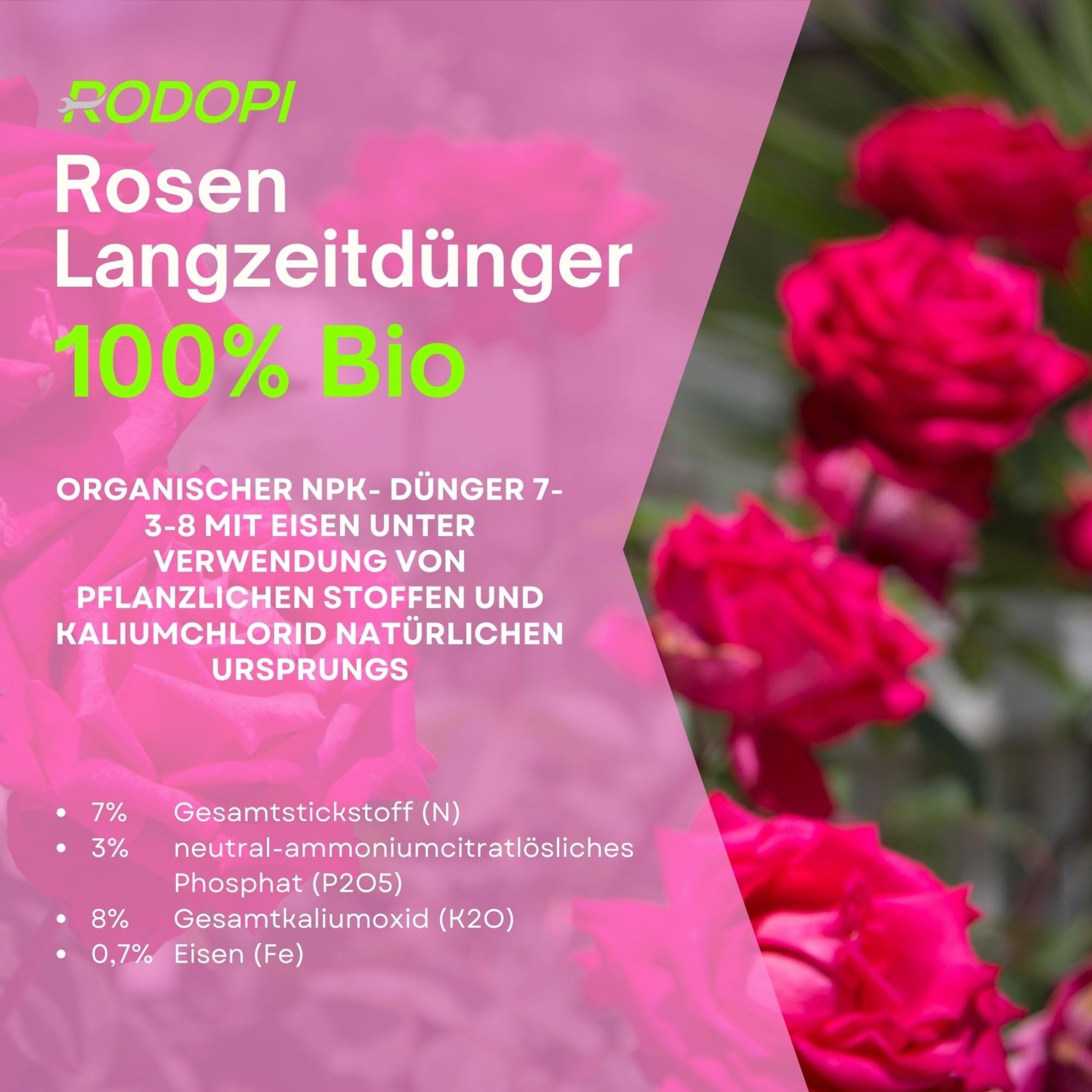 Rodopi Bio Rosendünger 7 Kg – Organischer Langzeitdünger 7-3-8 mit Eisen – 3 Monate Wirkung