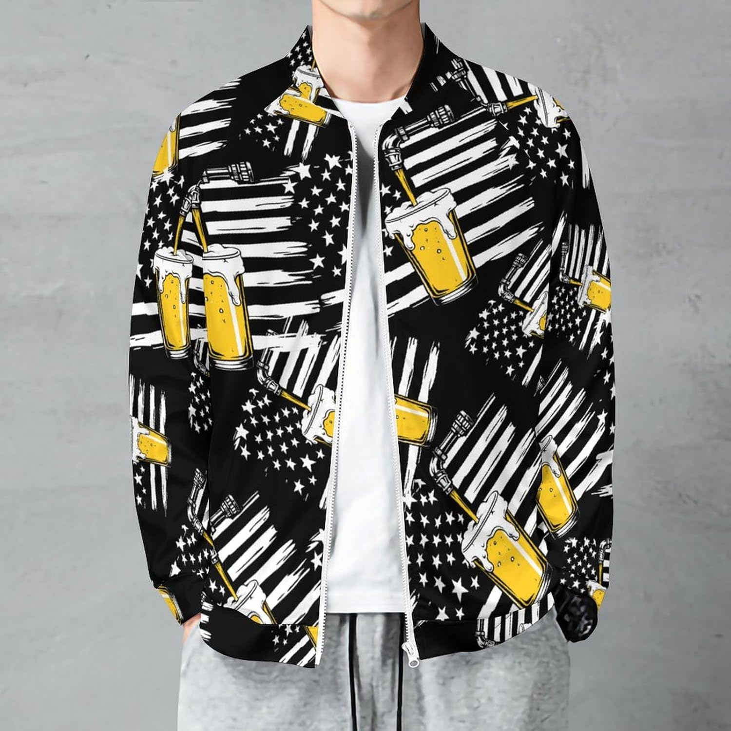 Craft Beer USA Flag 4th July Men's Zip Up Sweatshirt Casual Sweater Jackets Long Sleeve Tops Lightweight Coat