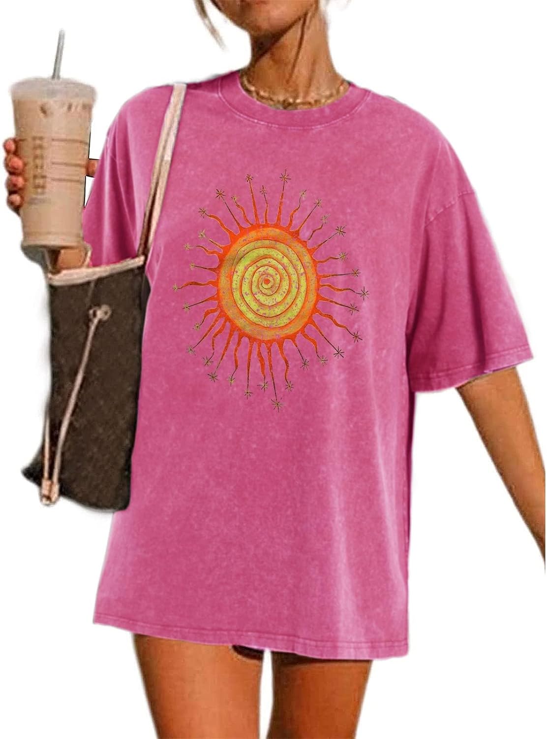 Wrenpies Vintage Oversized Sun Aesthetic Graphic Tees Distressed Band T Shirts for Women Boyfriend Baggy Casual Shirt Tops