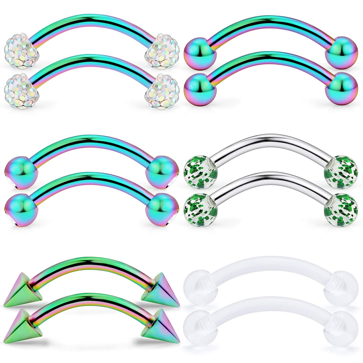 Lcolyoli Eyebrow Barbell 16G 12PCS Surgical Steel Navel Belly Ring with Clear Crystal Body Piercing Jewelry Flexible Retainer for Women Men