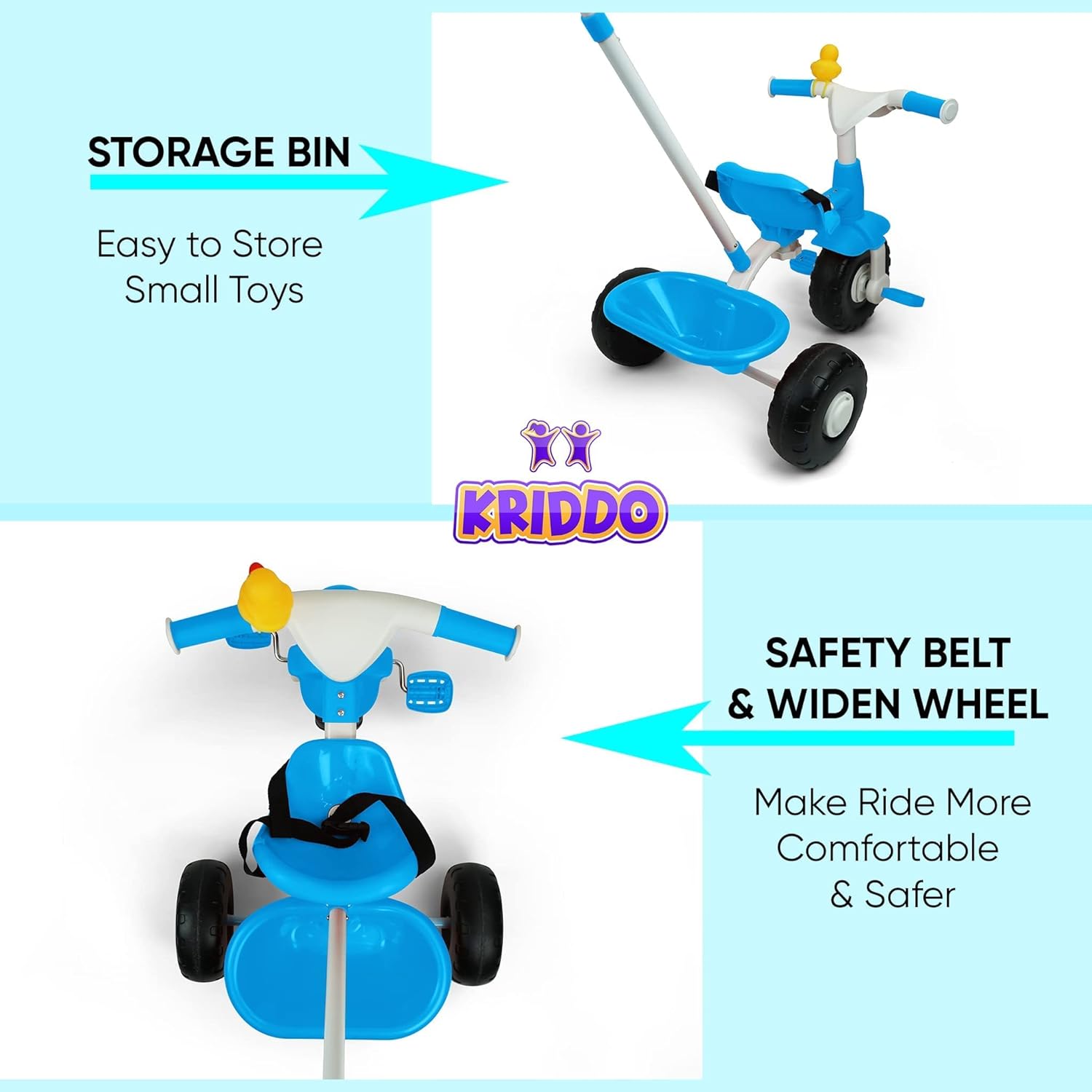 KRIDDO 2 in 1 Kids Tricycles Age 18 Month to 4 Years, Gift Toddler Tricycles, Trikes for Toddlers with Push Handle and Duck Bell, Blue : Sports & Outdoors