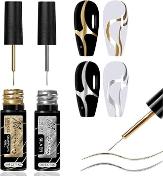 Metallic Gel Nail Polish - 2pcs Chrome Gel Nail Art Painted - Silver Gold Nail Gel - Mini Size Built-In Thin Brush for Swirl Nail Liner