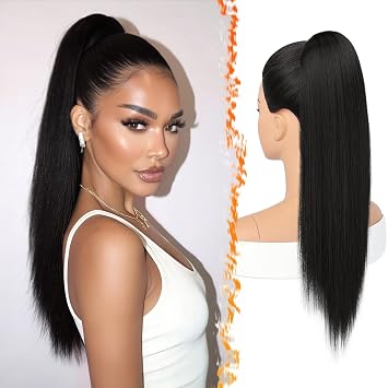 BARSDAR Black Straight Drawstring Ponytail Extension - 22 Inch Long Straight Drawstring Ponytail Extension Natural Looking Fluffy Soft Synthetic Cheer Posh Pony Tails Hairpieces Daily Party