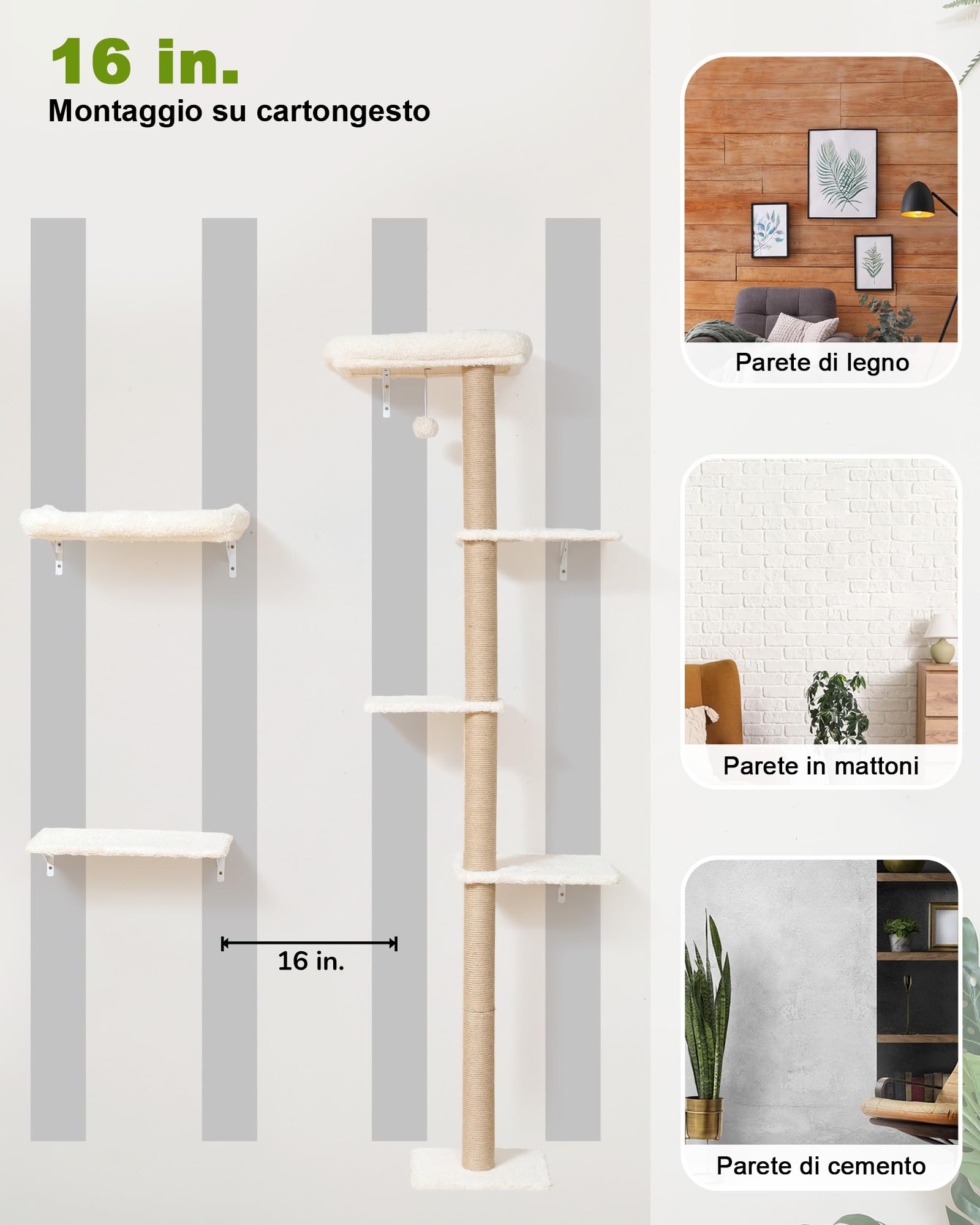 FUKUMARU Mensole per Gatti da Parete, Set di Mobili per Gatti a Muro Stabile 3-in-1, Colonna Tiragraffi da Parete con Piattaforma Morbida e Cuscino, Parete per Arrampicata Salvaspazio.Beige