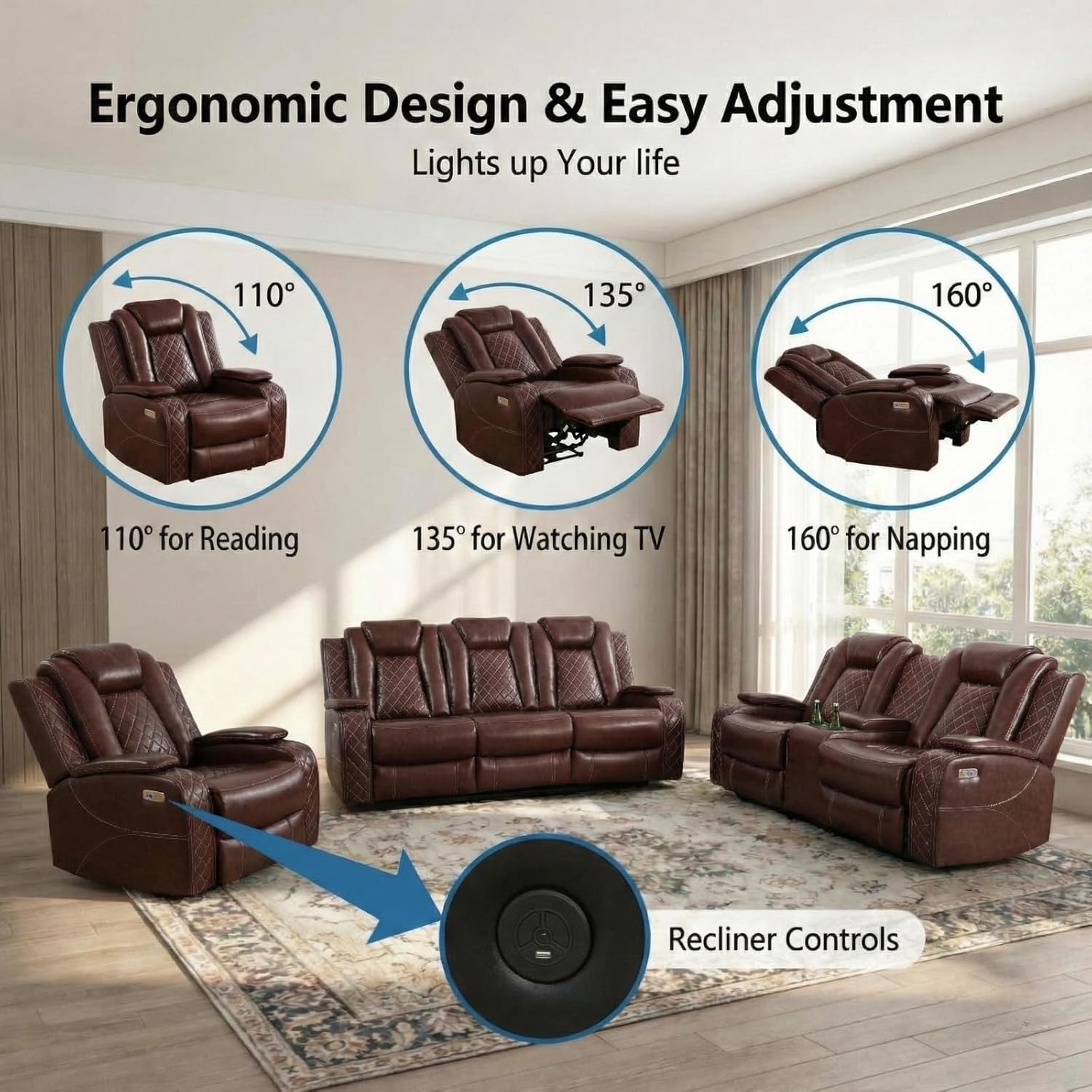 3-Piece Power Recliner Set with LED Lights, Air Leather Reclining Set with Coffee Table/Storage/Power Port, Modern Reclining Furniture for Living Room/Home Theater, Red Brown