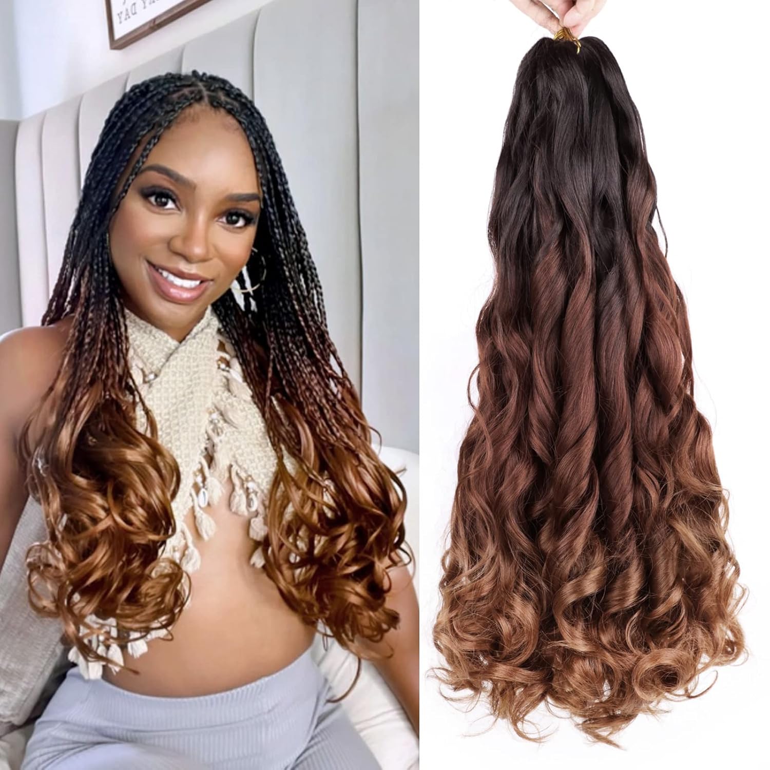 3 Tone French Curl Braiding Hair 20 Inch Curly Braiding Hair Pre Stretched 8 Packs French Curl Crochet Braids for Box Braids with Curly Ends for Black Women (1B3330)