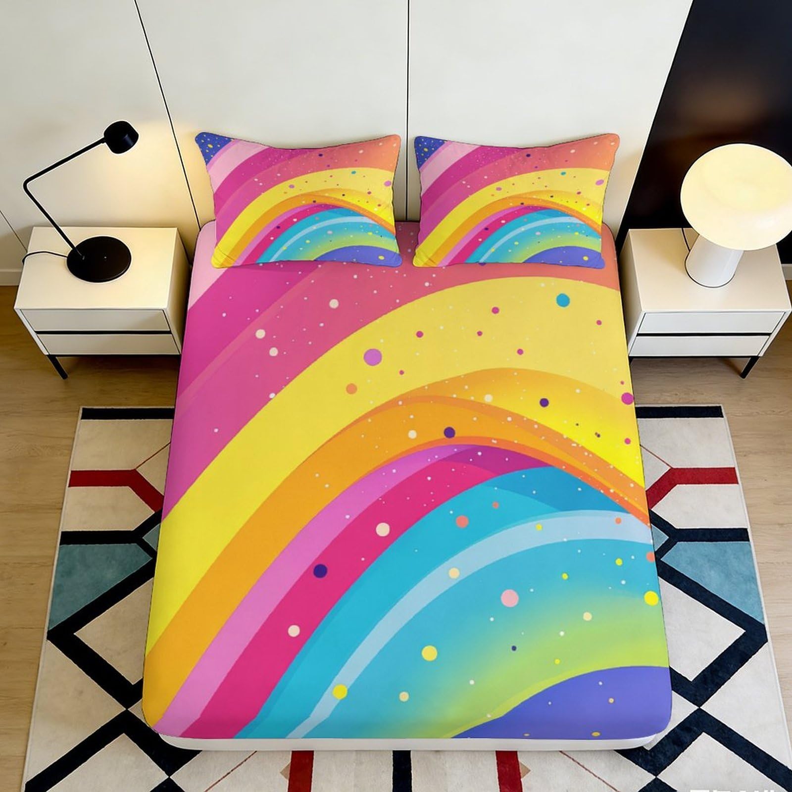 3D Printed Colorful Rainbow Fitted Sheet Microfiber Soft Breathable Vibrant Abstract Bed Cover for Bedroom Dormitory Guest Room Mattress Protection 140x200x25cm