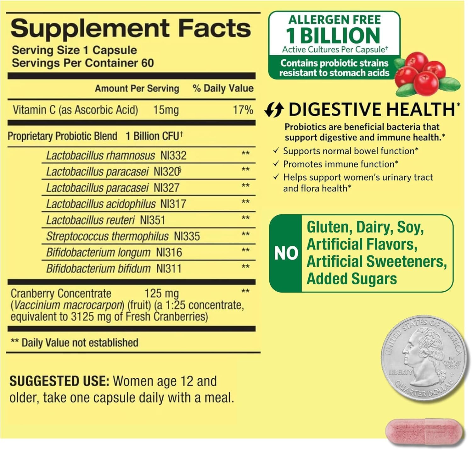 Probiotics for Women Capsules, Dietary Supplement 1 Billion CFUs - Digestive Health (60 Capsules - Pack of 1) + VSL Sticker