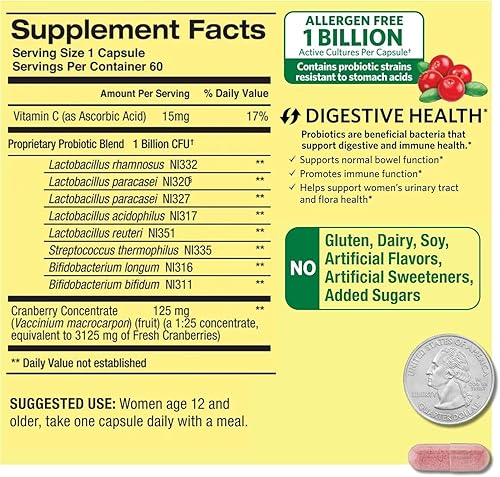 Vista 4 de Cápsulas de probióticos para mujeres, suplemento dietético de 1 mil millones de UFC, salud digestiva de Spring Valley (60 cápsulas - paquete de 1)