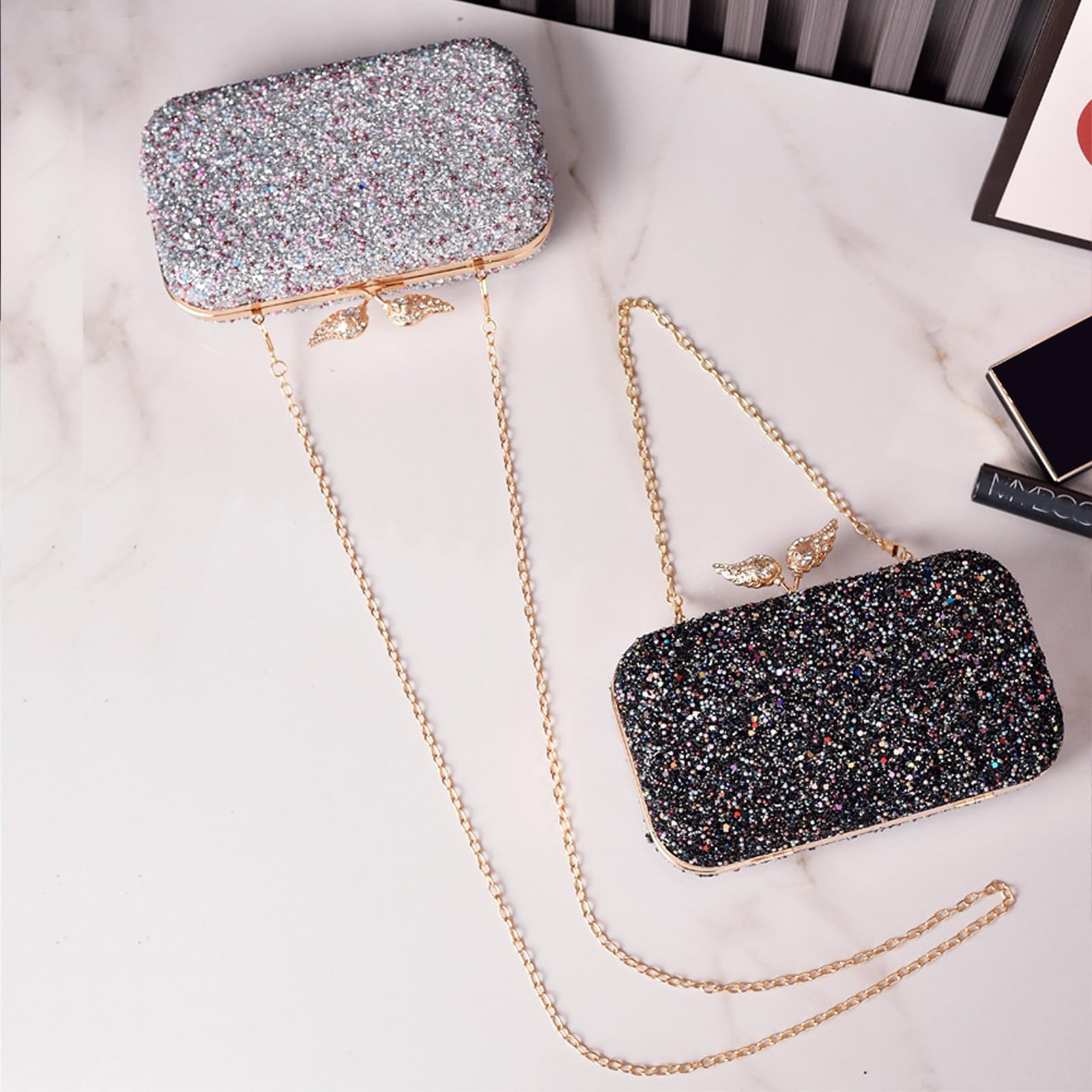 Damen Perlen Clutch Tasche Luxus Pailletten Abendtasche Hochzeit Brautbörse Strass Portemonnaie Tasche Elegante Handtasche Kette Schultertasche Umhängetasche Silber