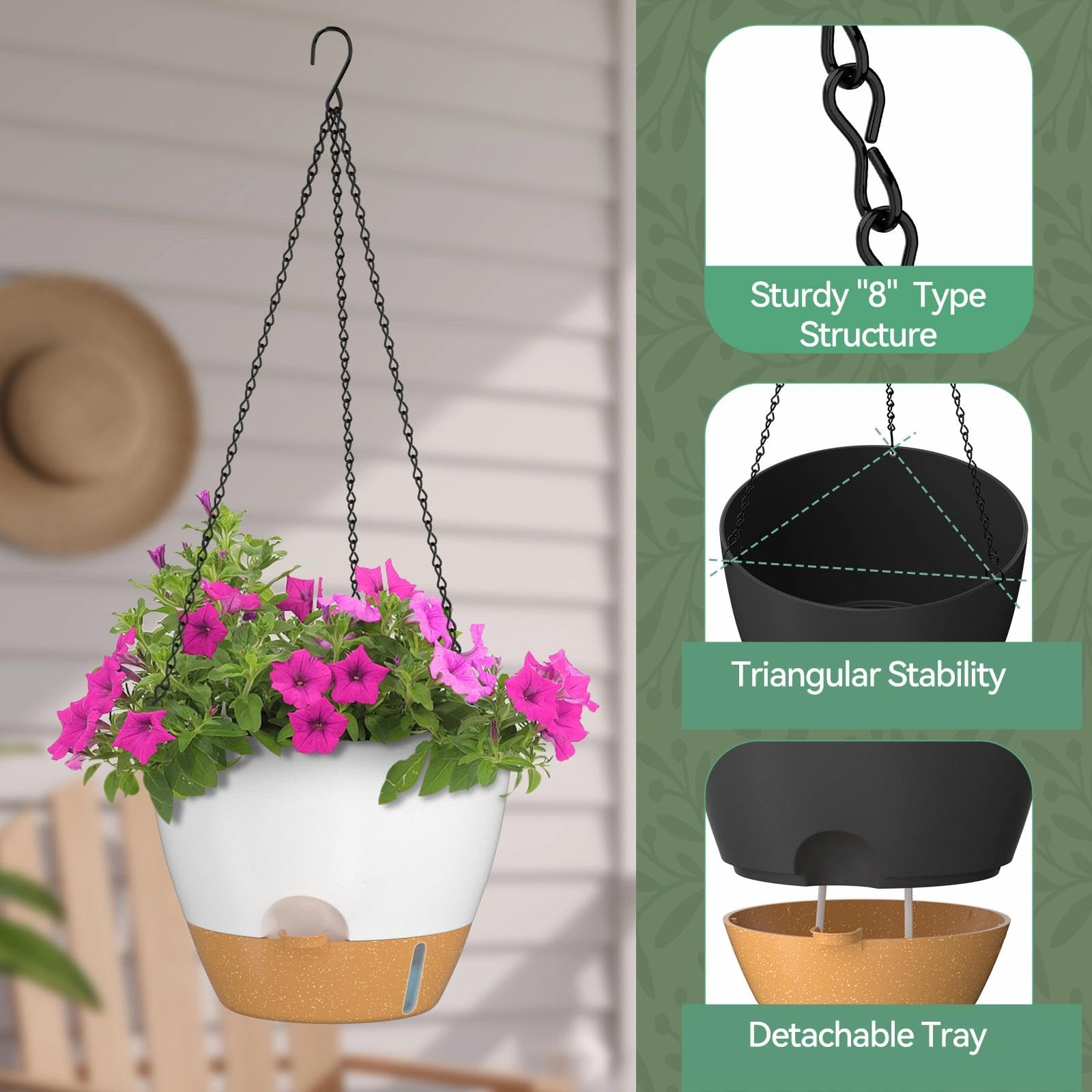 ZMTECH Pot de fleurs suspendu de 30,5 cm pour intérieur et extérieur – Pots de fleurs en plastique à arrosage automatique avec trous de drainage et soucoupe amovible (blanc)