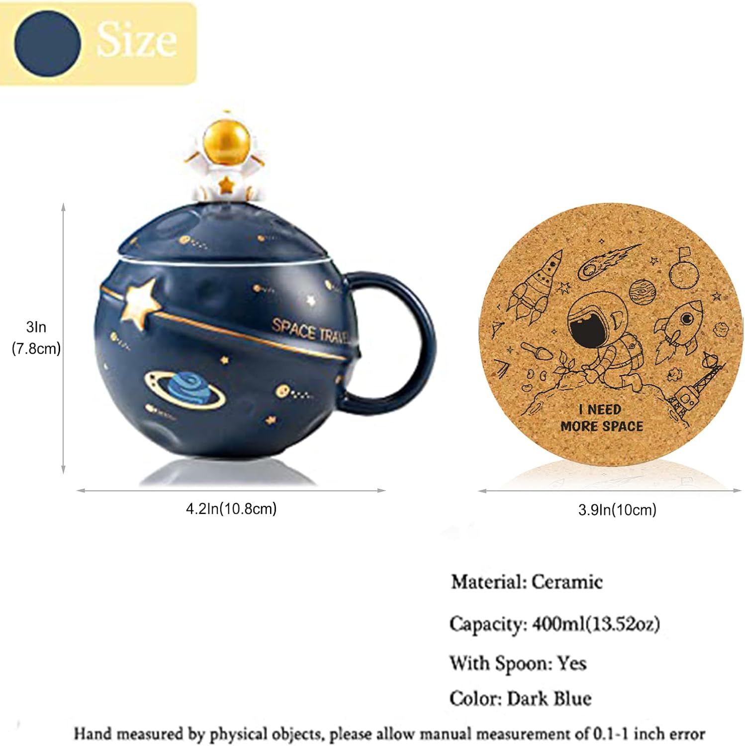 Kawaii Astronaut Cup Space Embossed Planet Mug, Cute Ceramic Coffee Mug, Novelty Mug with Lid and Spoon for Coffee, Tea, Milk, Aesthetic Room Decor Funny Gift for Girl Boy Women (Dark blue) - Image 7