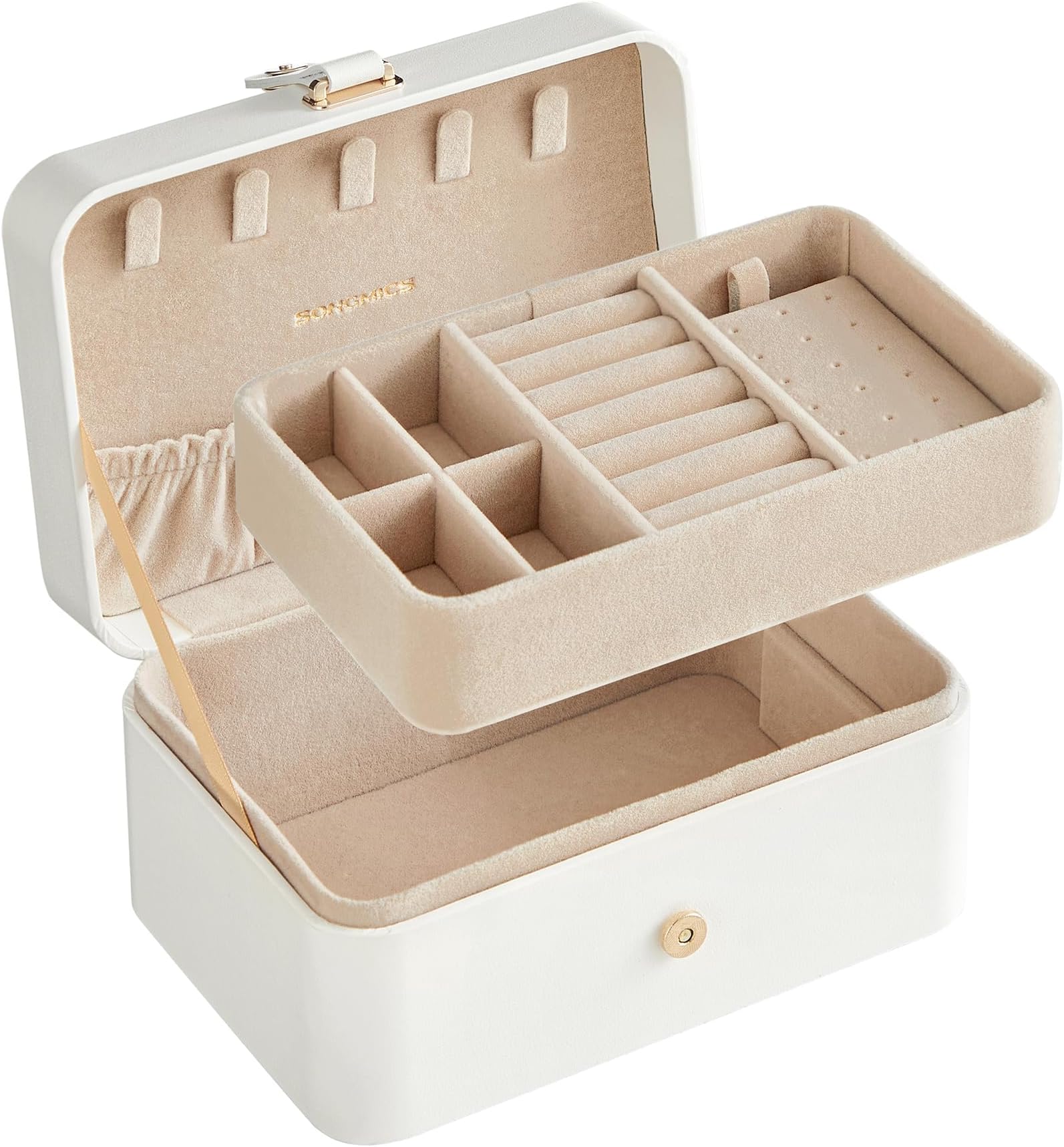 SONGMICS Travel Jewellery Box, Christmas, Small Jewellery Box, 2 Tiers, Portable Jewellery Box, for Large Accessories, Gift Idea, 11 x 16 x 8 cm, Cloud White JBC166W01