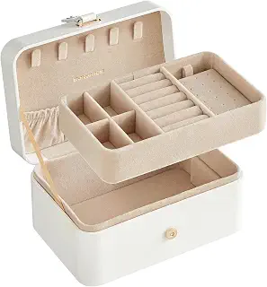 SONGMICS ジュエリーボックス 小型 2層 持ち運び 旅行 16 x 11 x 7.8 cm | アクセサリーケース 収納宝石箱 ジュエリースーツケース ネックレス リング 指輪置き 腕時計 化粧品 プレゼント クリームホワイト GISELLA コレクション JBC166W01