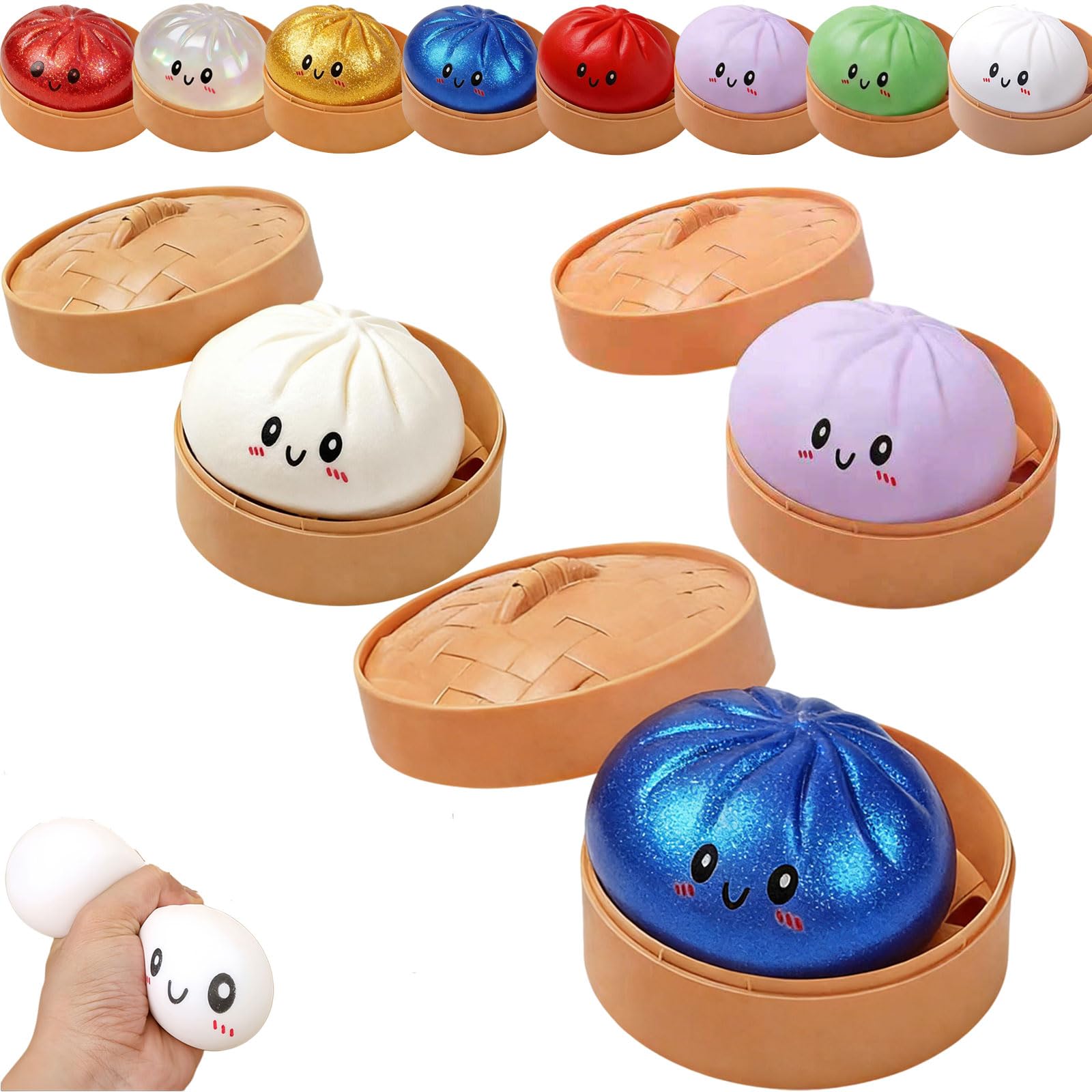 Dumpling Squishy, Squishy Dumpling Toy, Glitter Dumplings Squishiest Toy with Steamer Box, Stress & Anxiety Relief Toys for Kids & Adults Non-Edible (White) — view 12